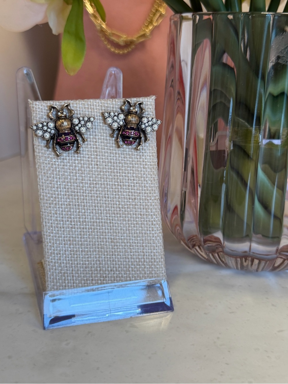 Bee Crystal Stud Earrings - Pink and Gold Accent